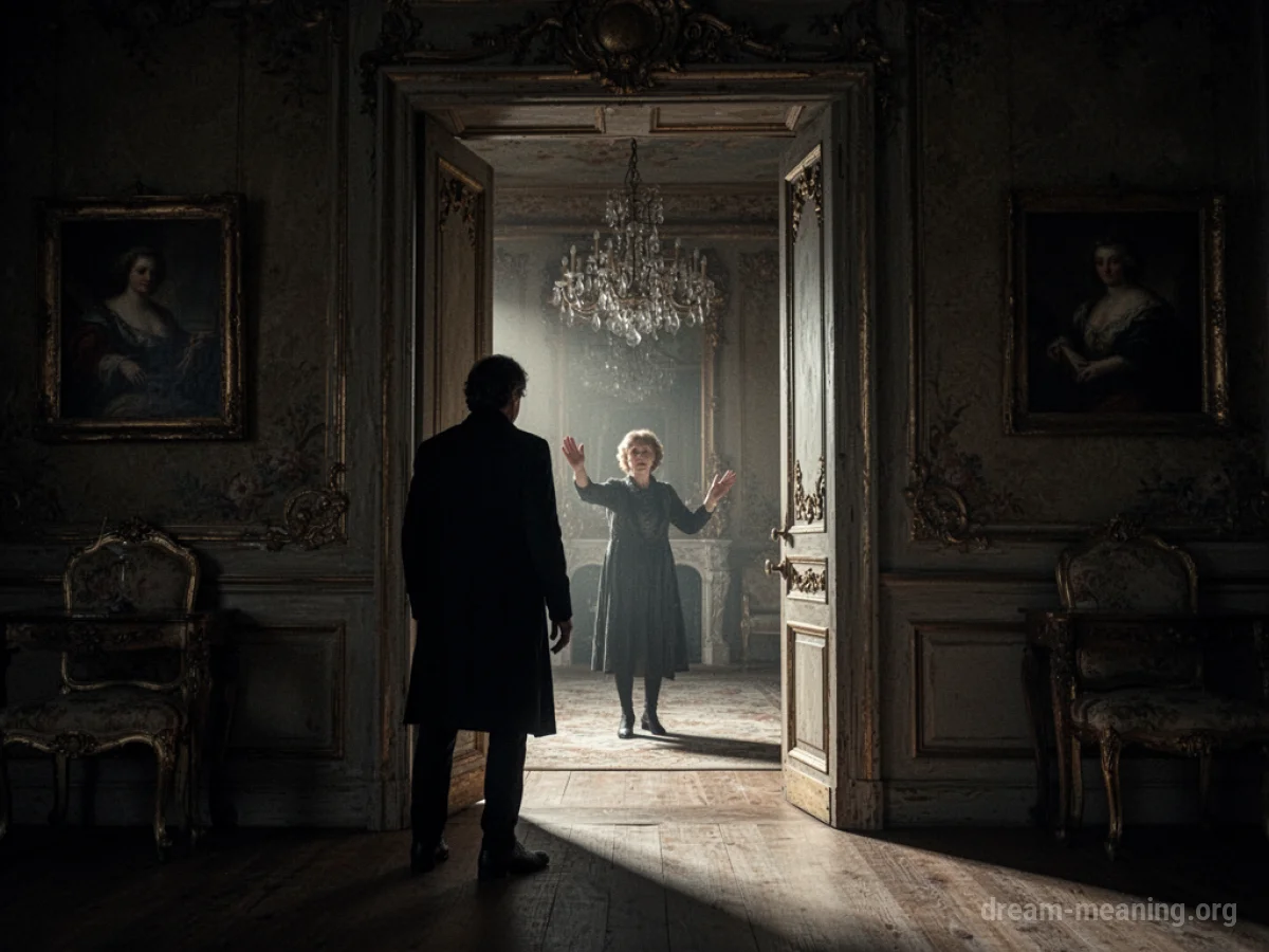 Silhouette of a person standing before the entrance to a dark, opulent room, looking towards a beckoning figure inside.