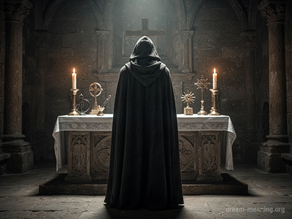 A cloaked figure stands before a dimly lit altar with ceremonial objects.