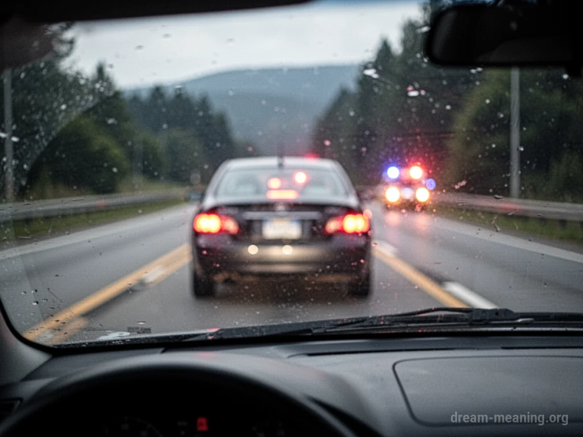 View through a car windshield of a damaged vehicle on the side of a road with flashing lights in the distance.