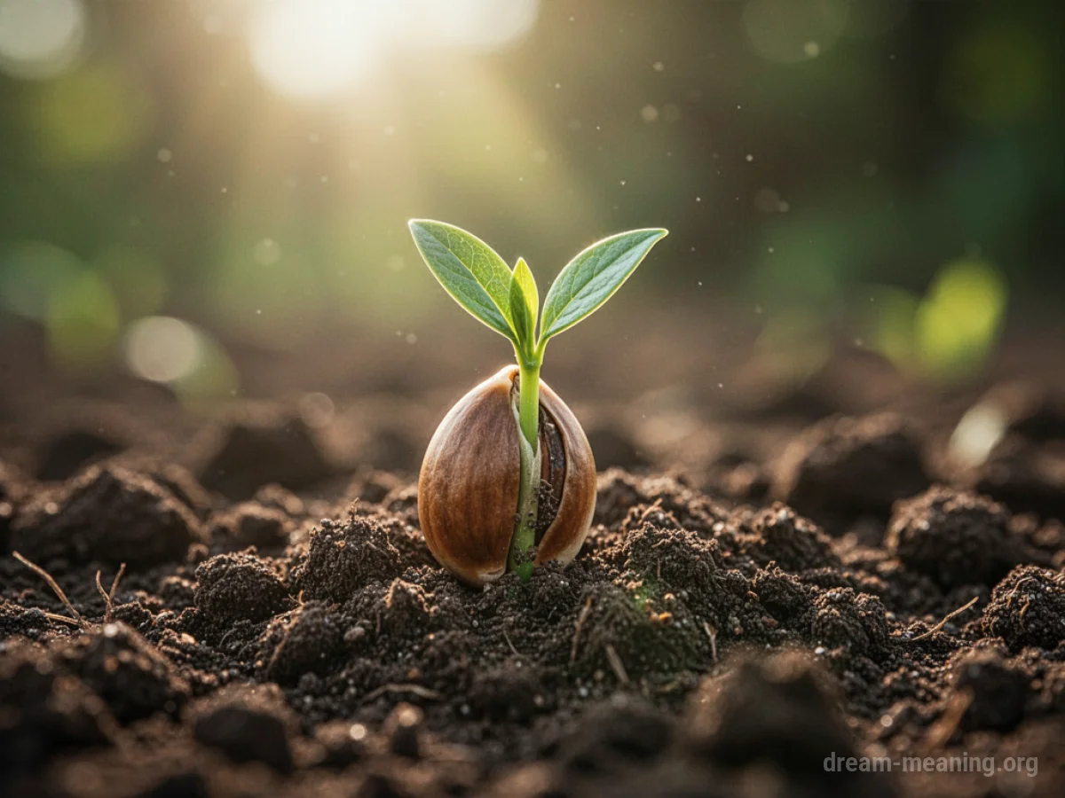 A small green sprout emerging from dark soil.