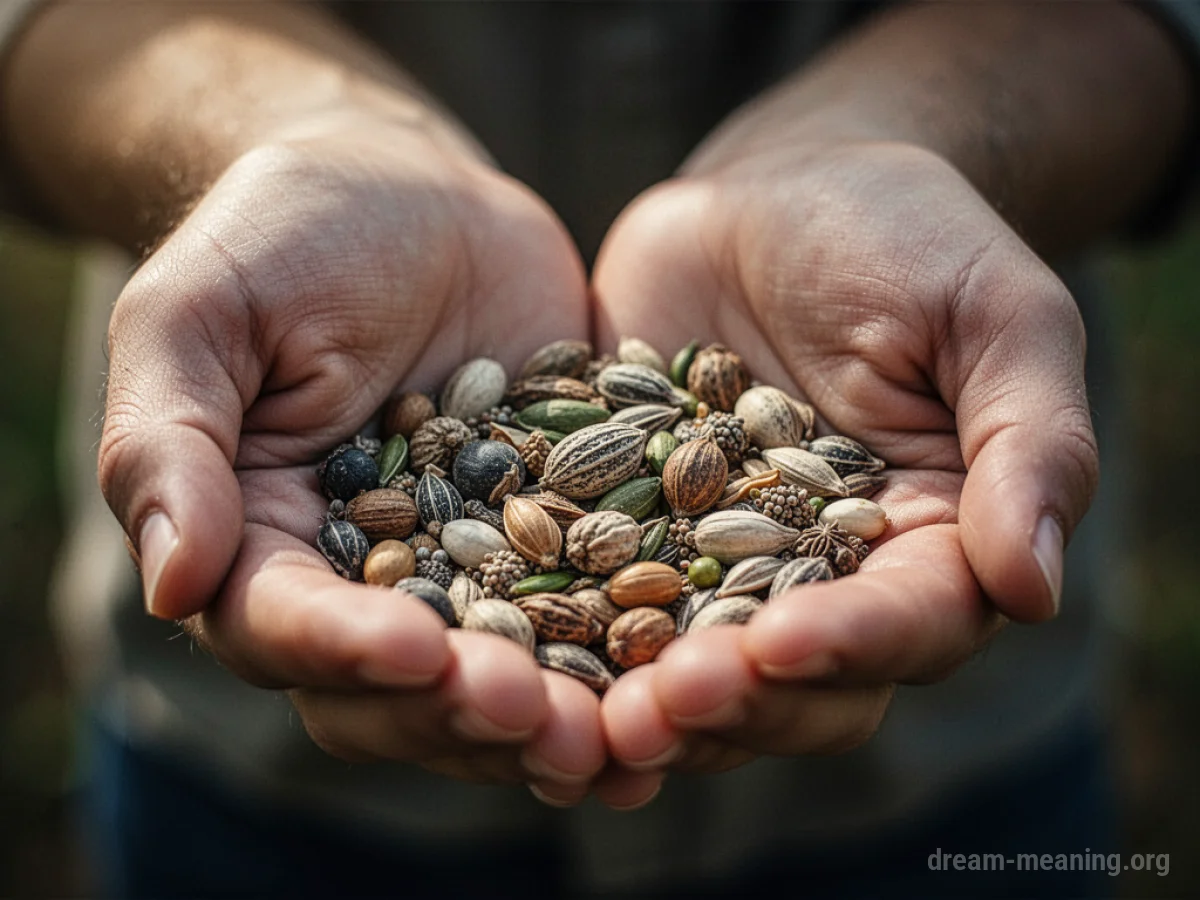 Close-up of cupped hands holding several different types of seeds.