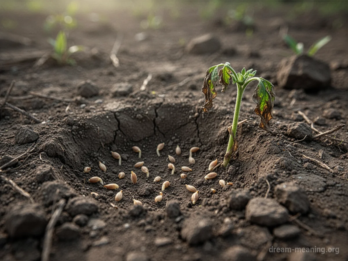 Unsprouted seeds in dry earth with a wilted seedling.