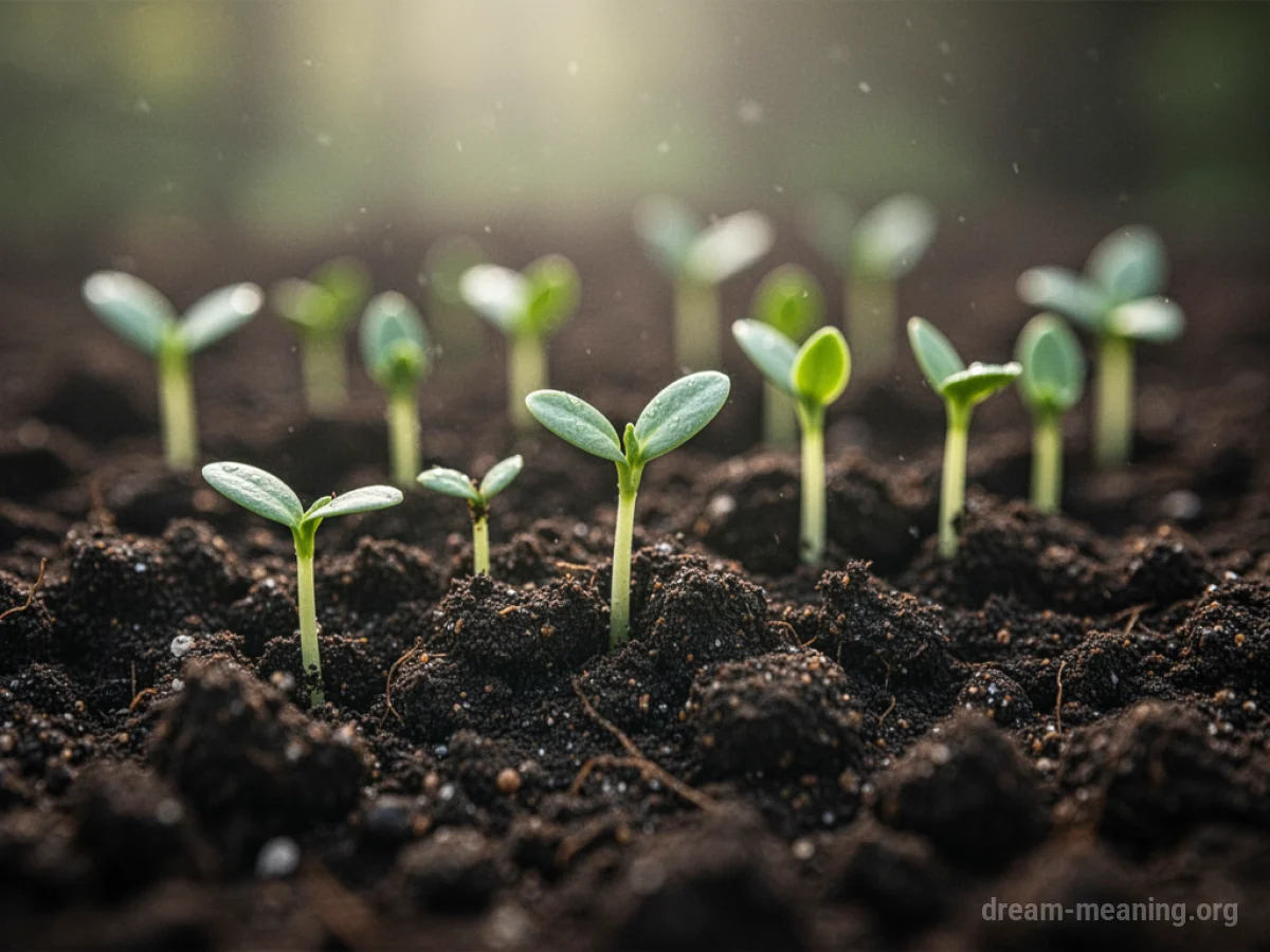 Close-up of small green shoots pushing through dark soil.