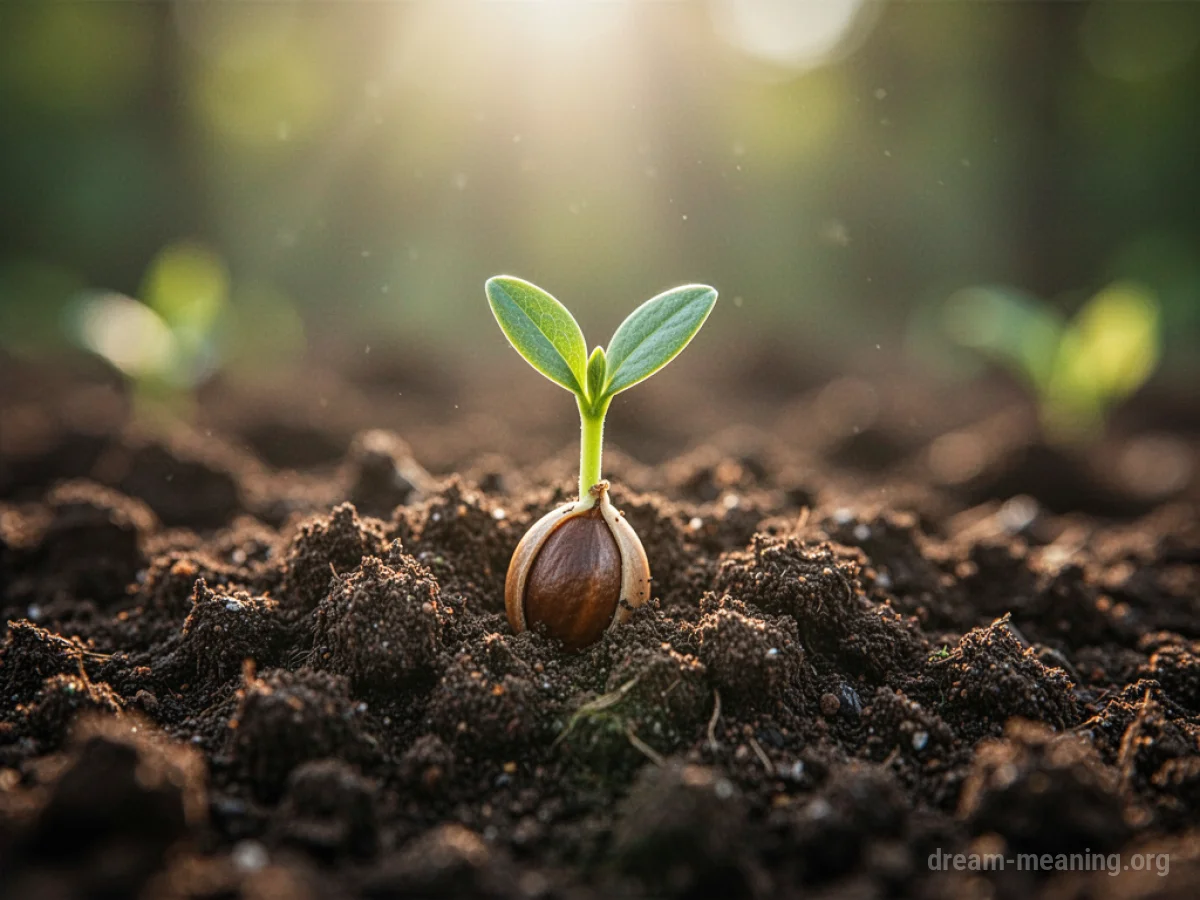 A single seed breaking open with a small green sprout emerging upwards from dark soil.