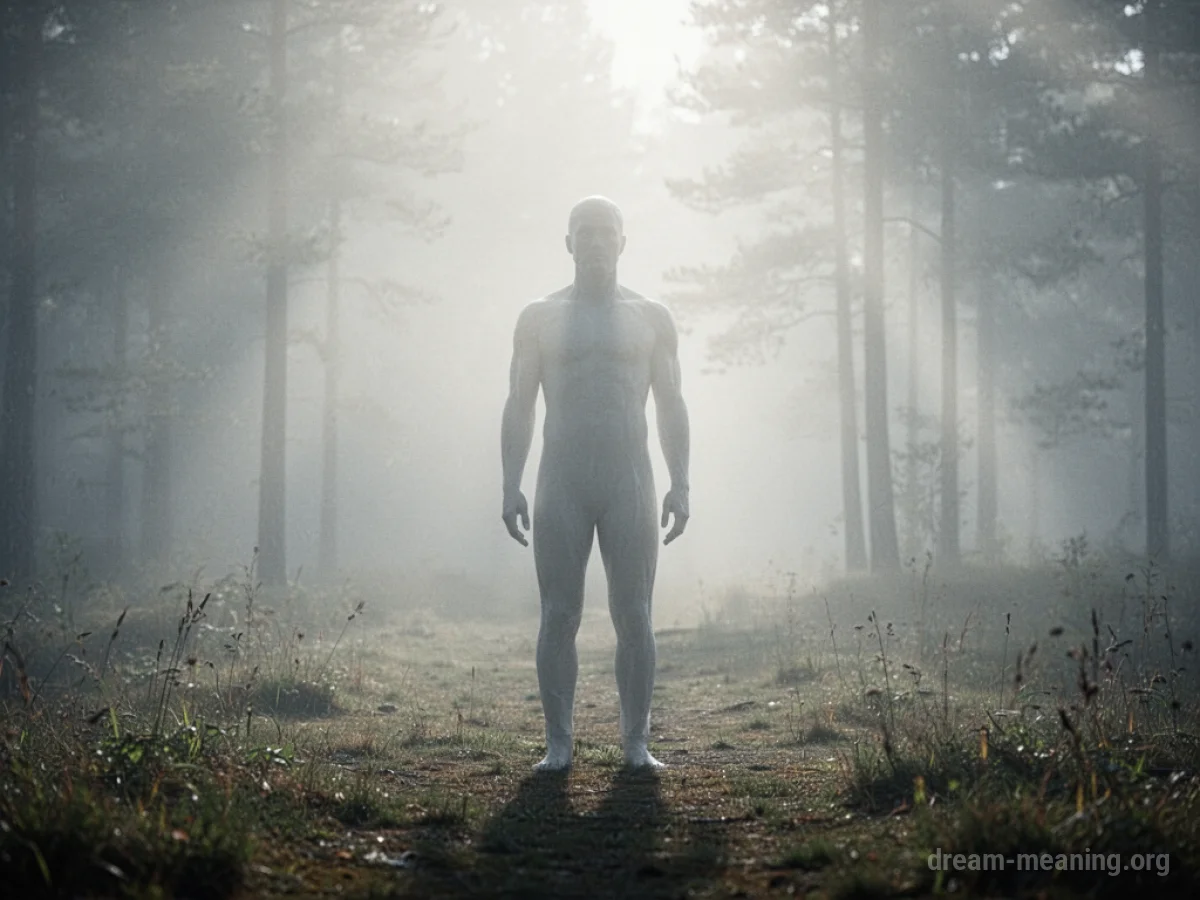 A translucent figure stands in a dimly lit room.