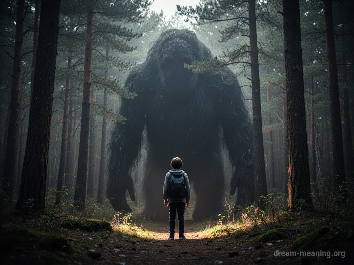 Silhouette of a person facing away from a large, amorphous dark shape in a dimly lit environment.