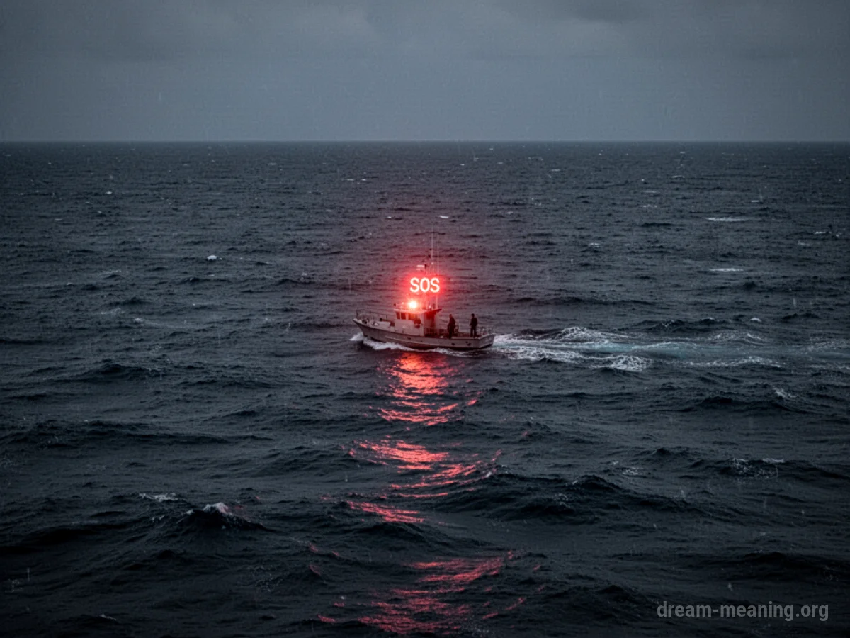 A faint light flashes from a small boat on a dark sea.