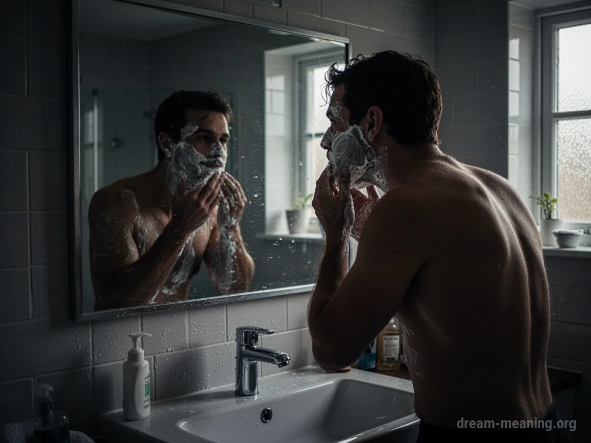 Silhouette of a man shaving his face in a bathroom mirror.