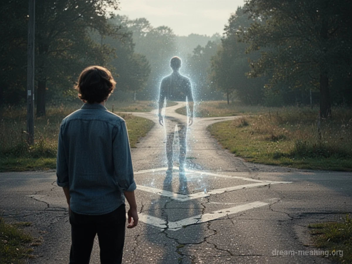 A person at a crossroads looks towards a distant silhouette.