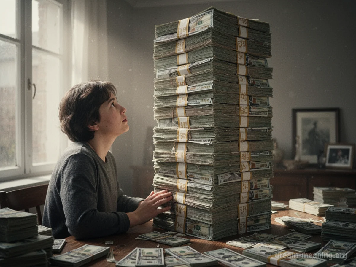 A person stands before an enormous pile of money.