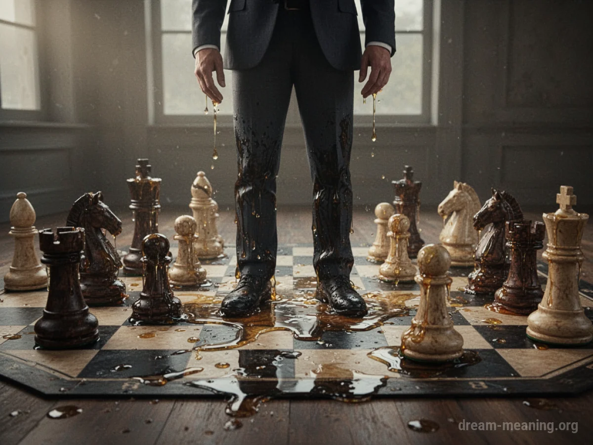 A person stands on a melting chessboard.