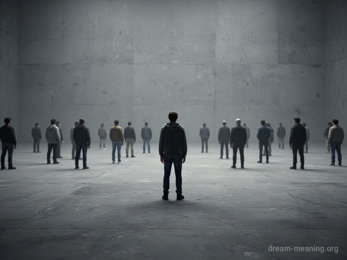 Many silhouetted figures standing in a vast, empty, grey landscape.