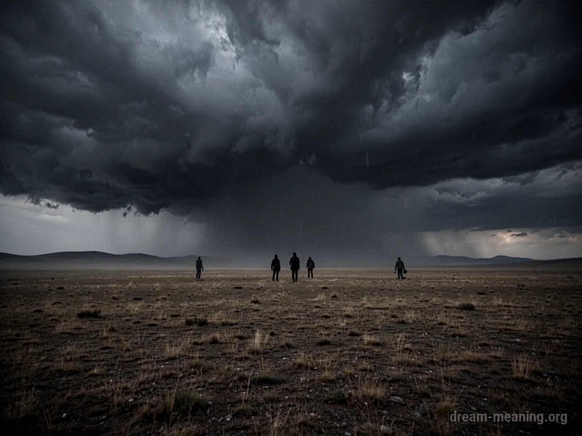 A wide, desolate field under a heavy, overcast sky.