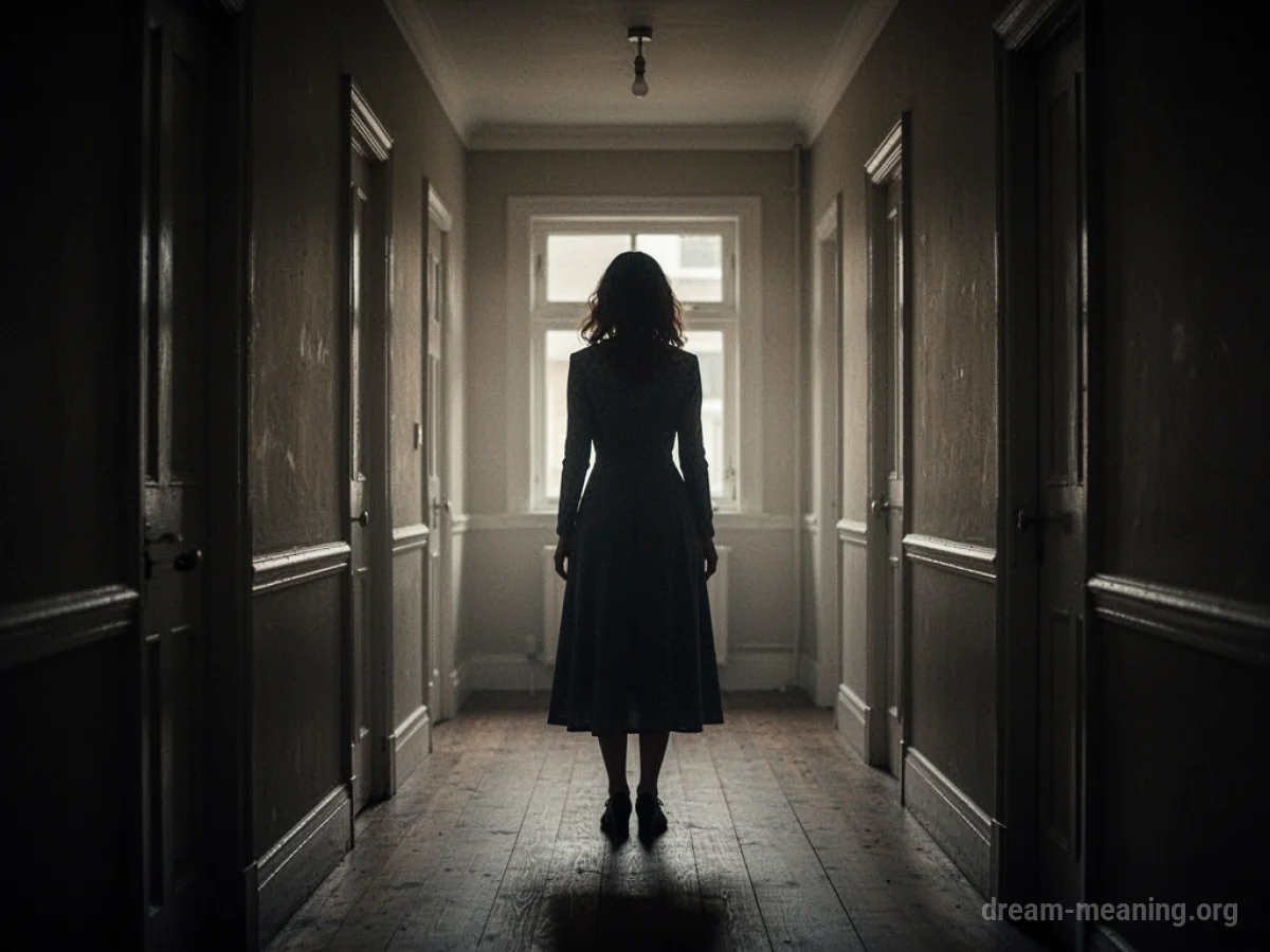 Silhouette of a woman appearing in a hallway.