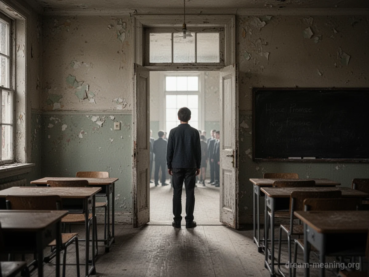 A person peeking into a classroom at distant figures.