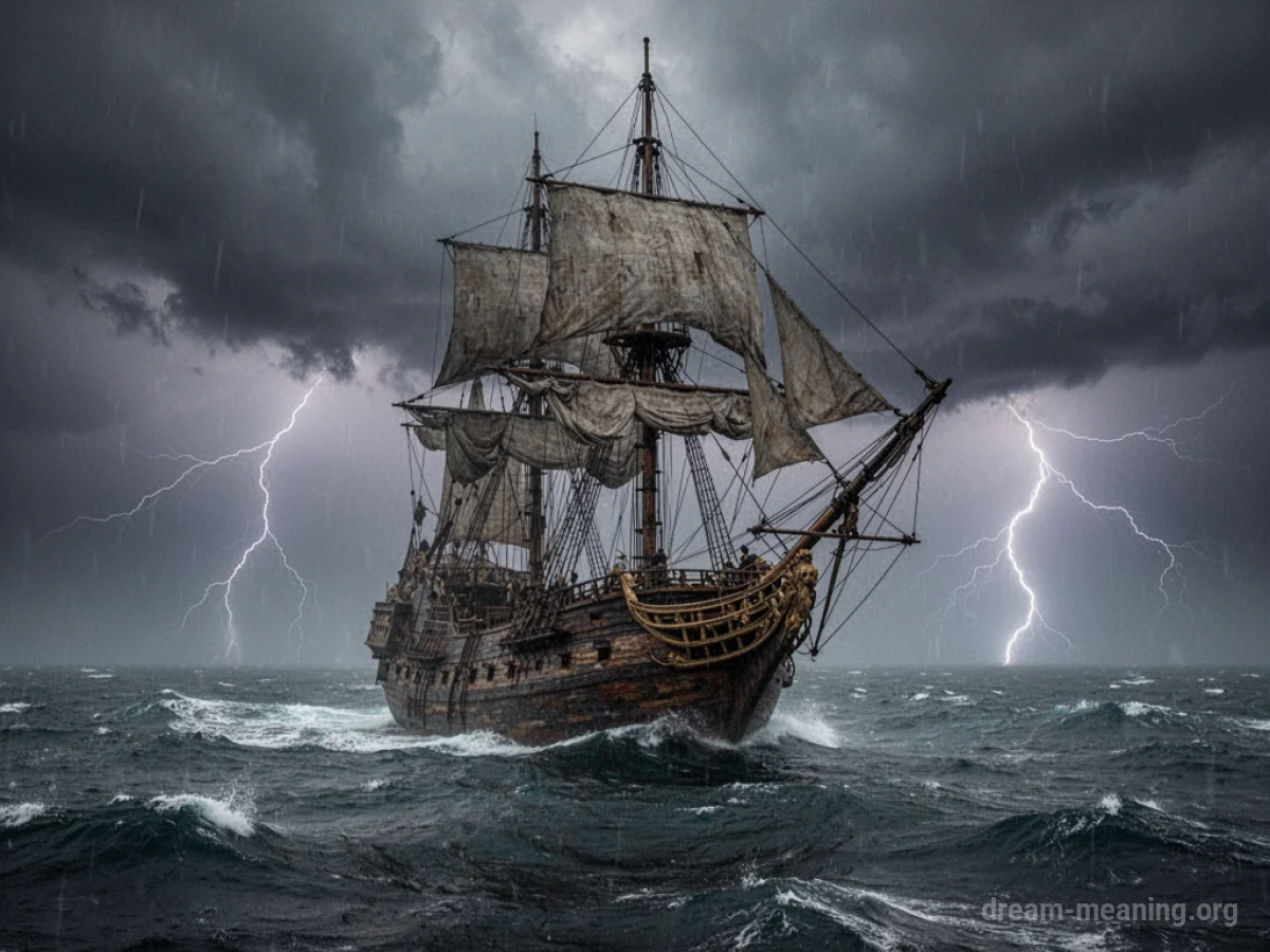 A pirate ship sailing on a dark, stormy sea.