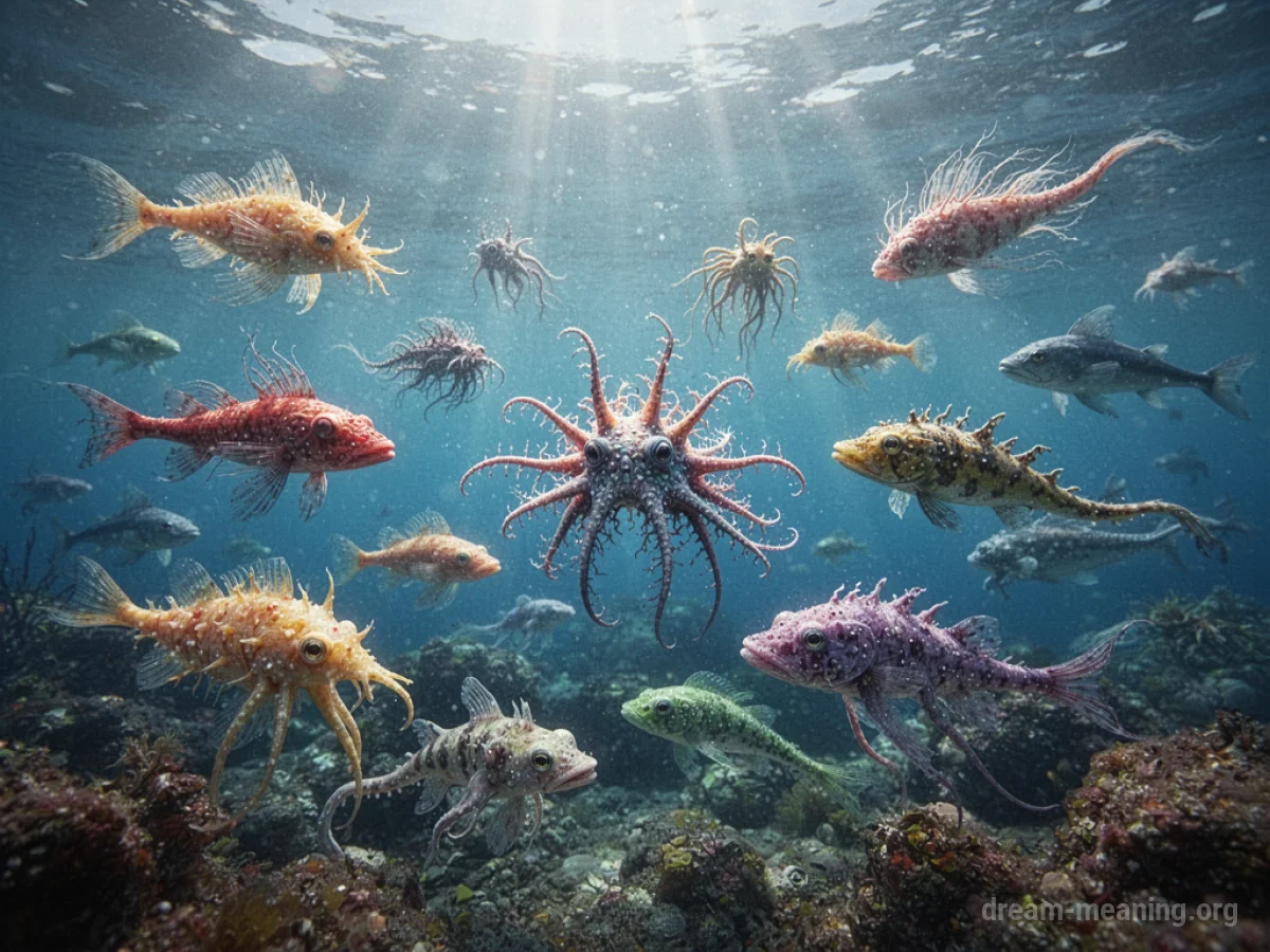 Various sea creatures swimming in clear blue ocean water.