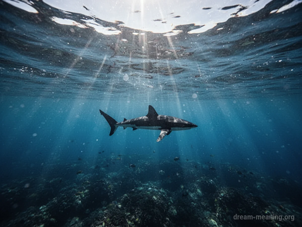A shark seen as a distant shadow beneath the surface of clear blue water.