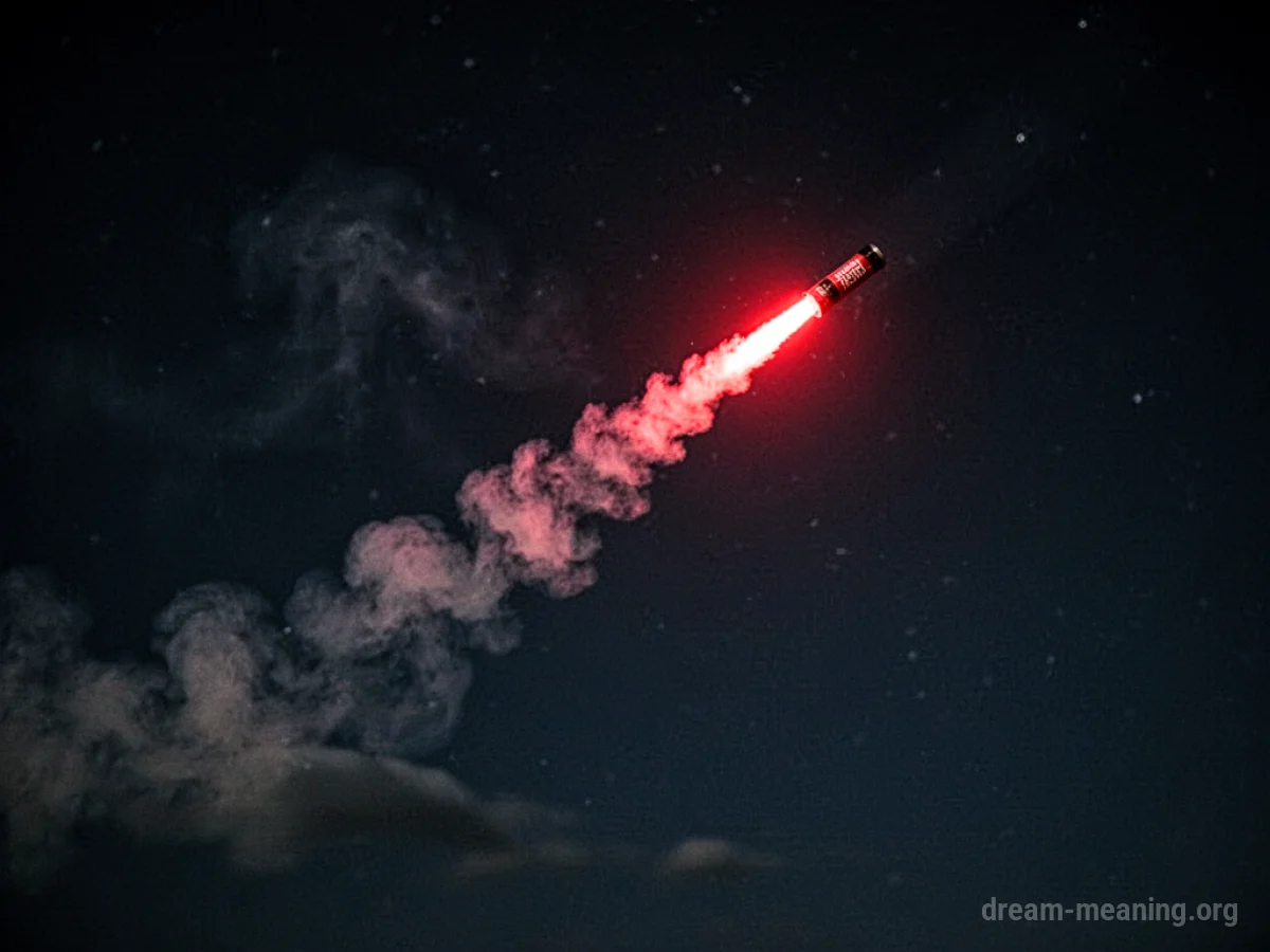 A red signal flare ascending into a dark sky.