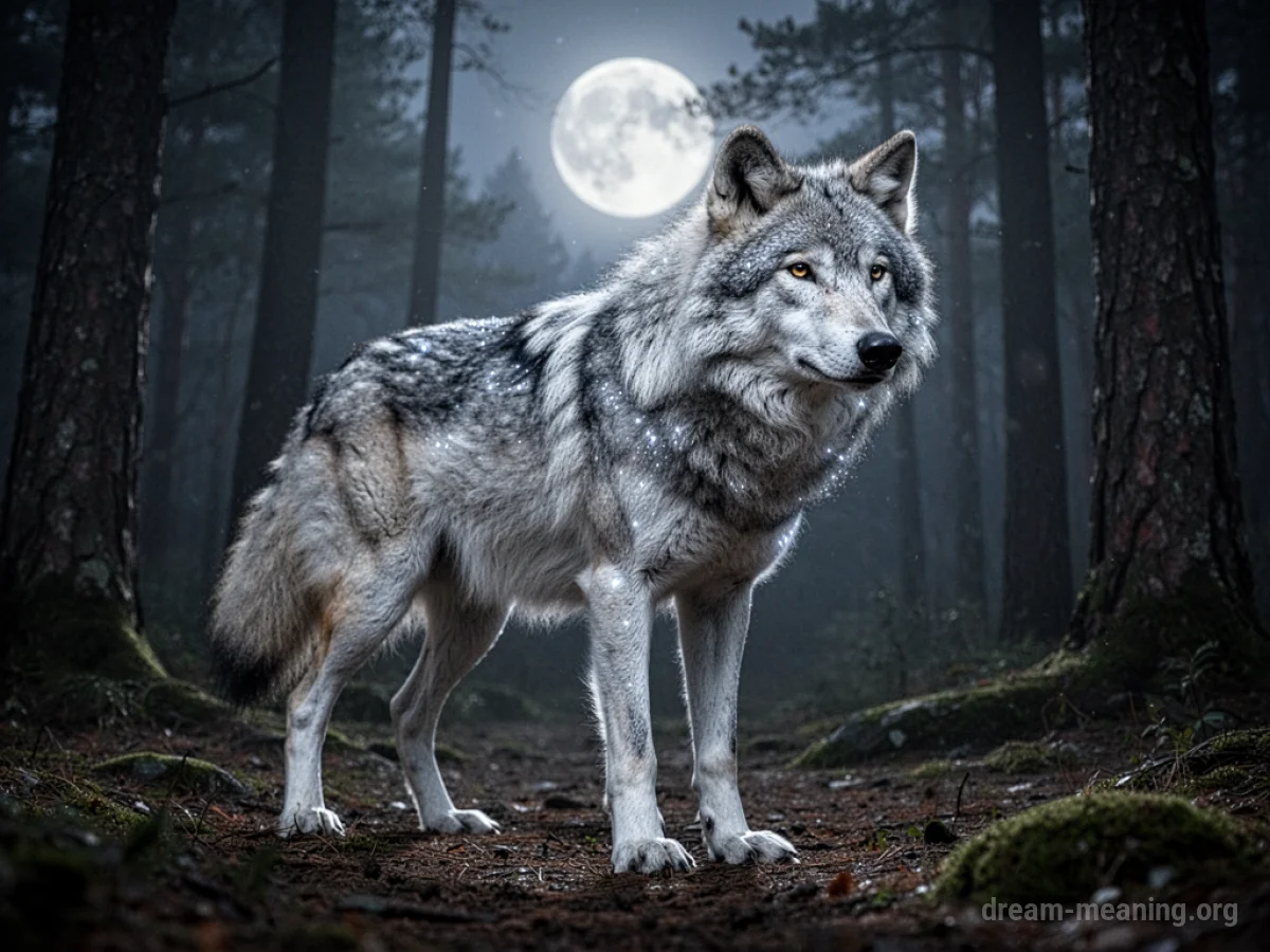 A silver wolf in a forest at night.