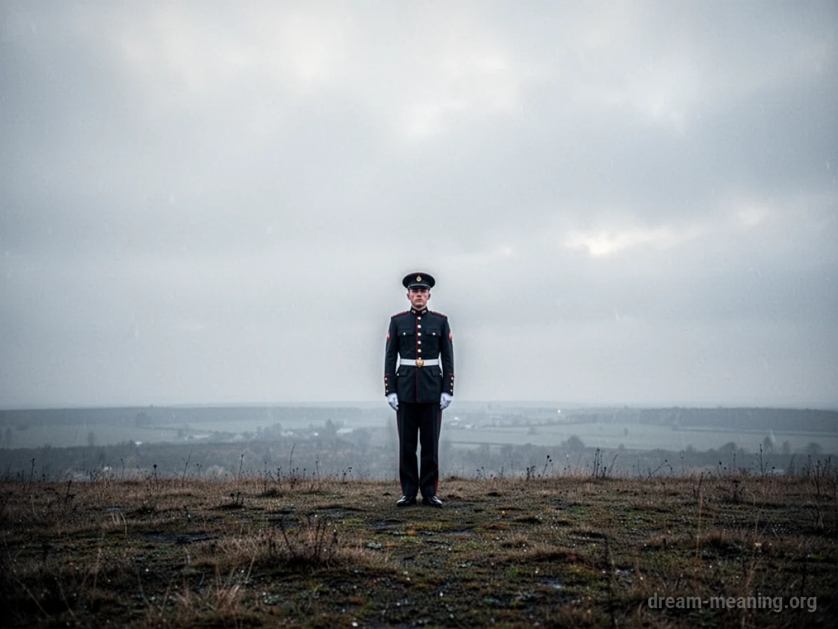 A single uniformed figure stands in a misty, distant landscape under a cloudy sky.