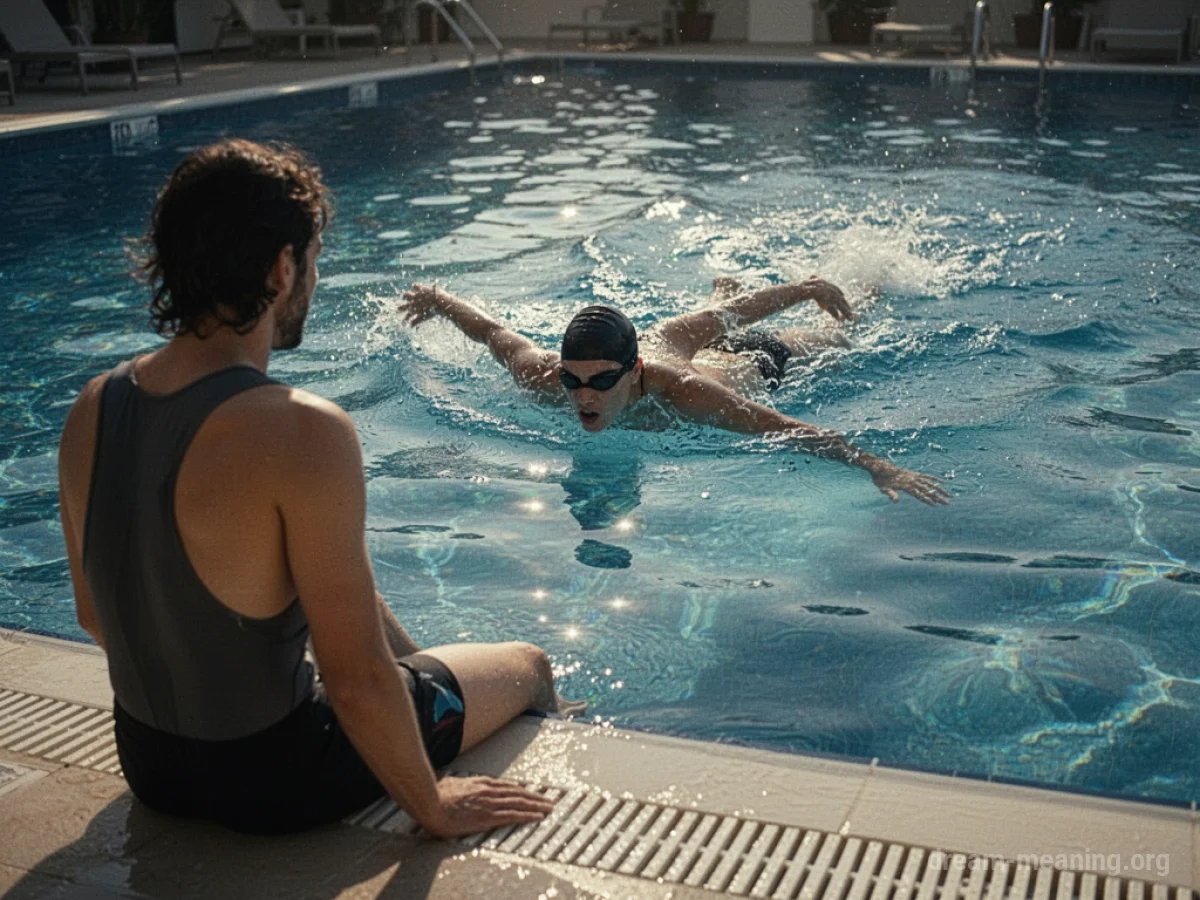 A person stands at the edge of a swimming pool, looking at someone else swimming.
