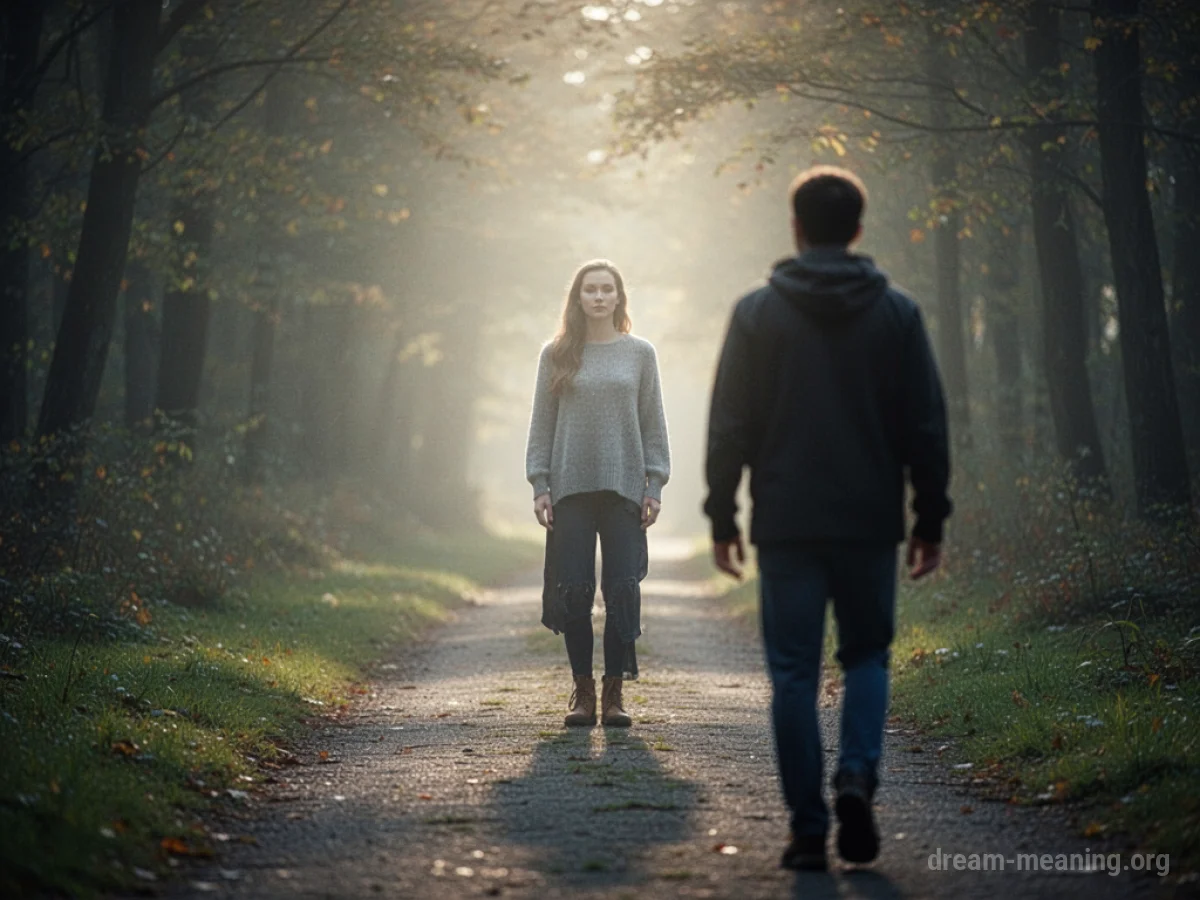 A person walking towards a glowing, silhouetted figure on a path.