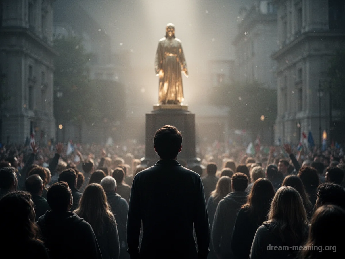 Silhouette of a person in a crowd observing a distant, illuminated figure.