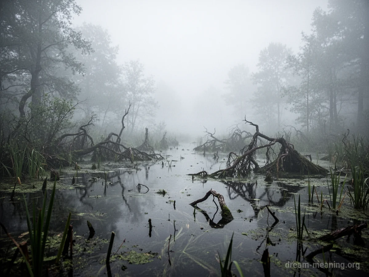 A foggy swamp with dark water and gnarled trees.