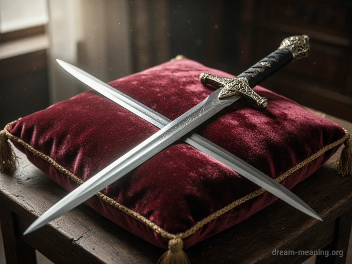 A polished sword on a dark cushion.