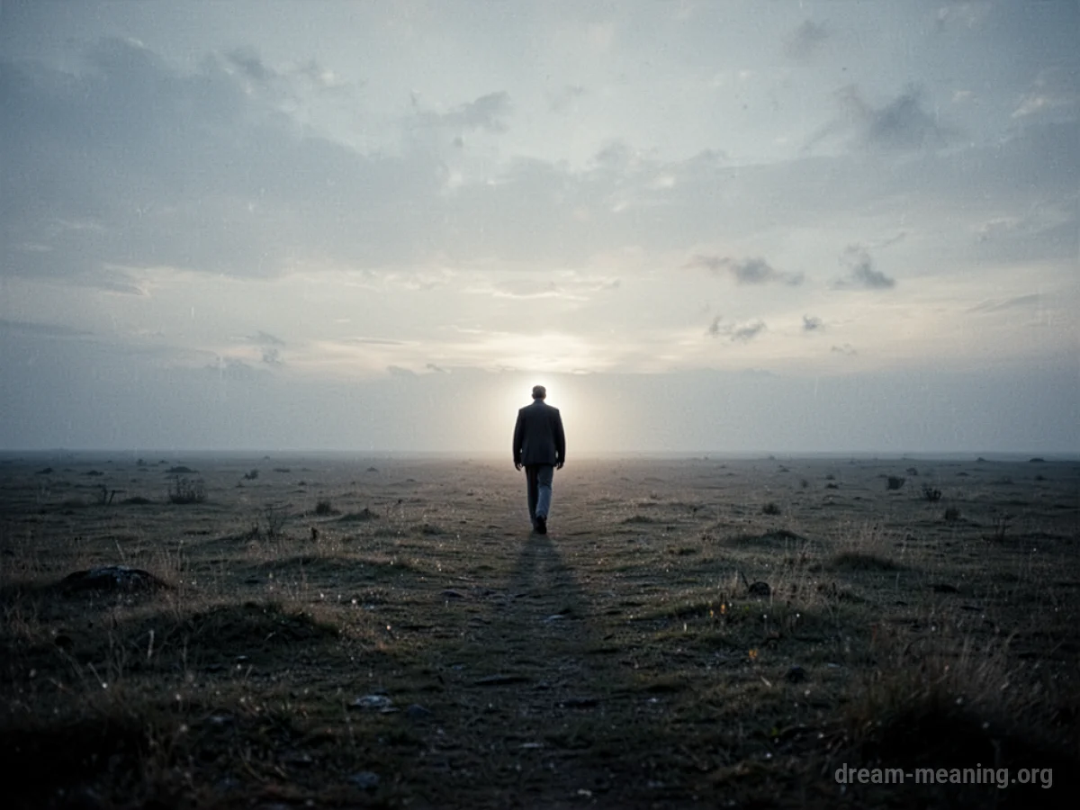 A solitary figure walking towards a bright light in the distance.