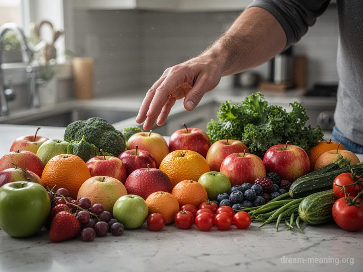 A hand reaching towards a variety of fresh produce.