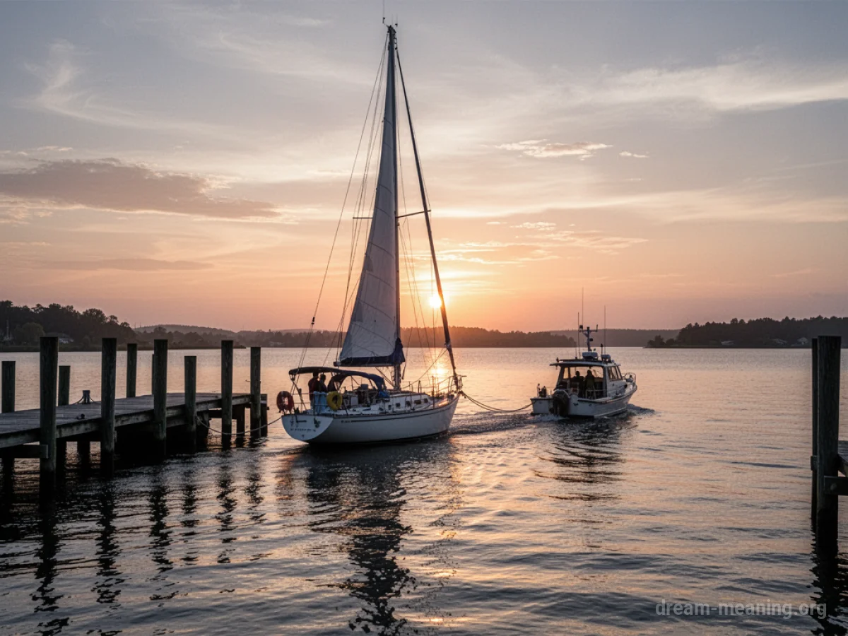 A sailboat is being towed away from a dock by a small boat at sunset.