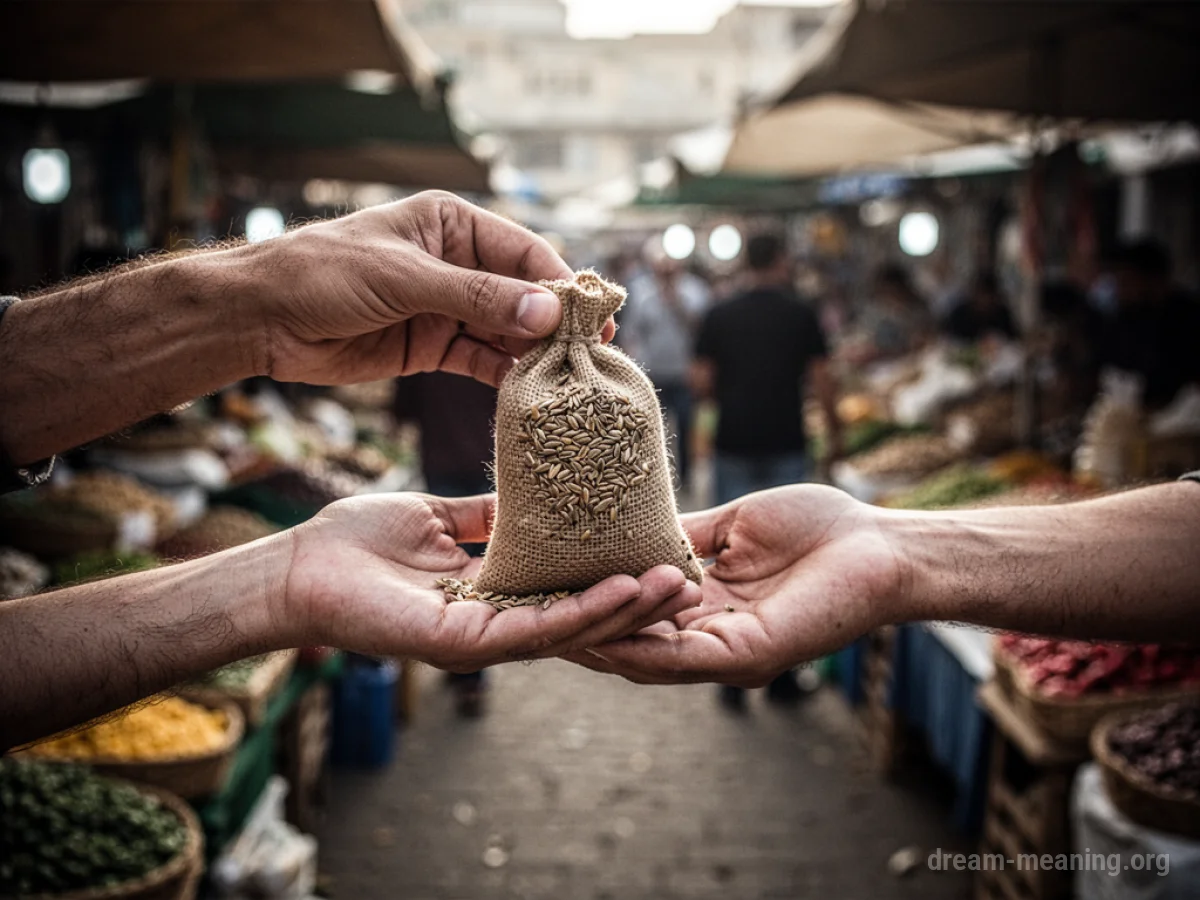 A person's hand holding out a small bag of seeds towards another person's outstretched hand.