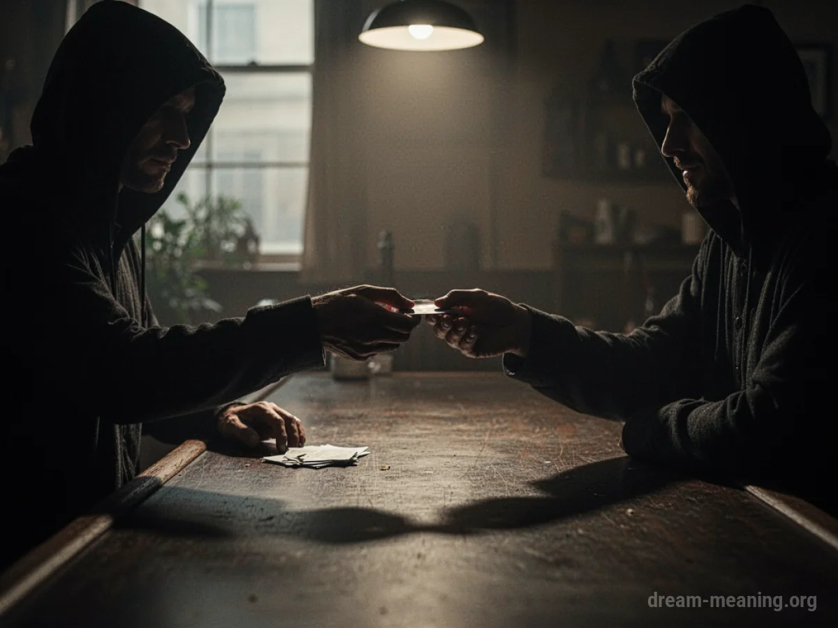 Two shadowy figures exchanging an item in a dimly lit space.