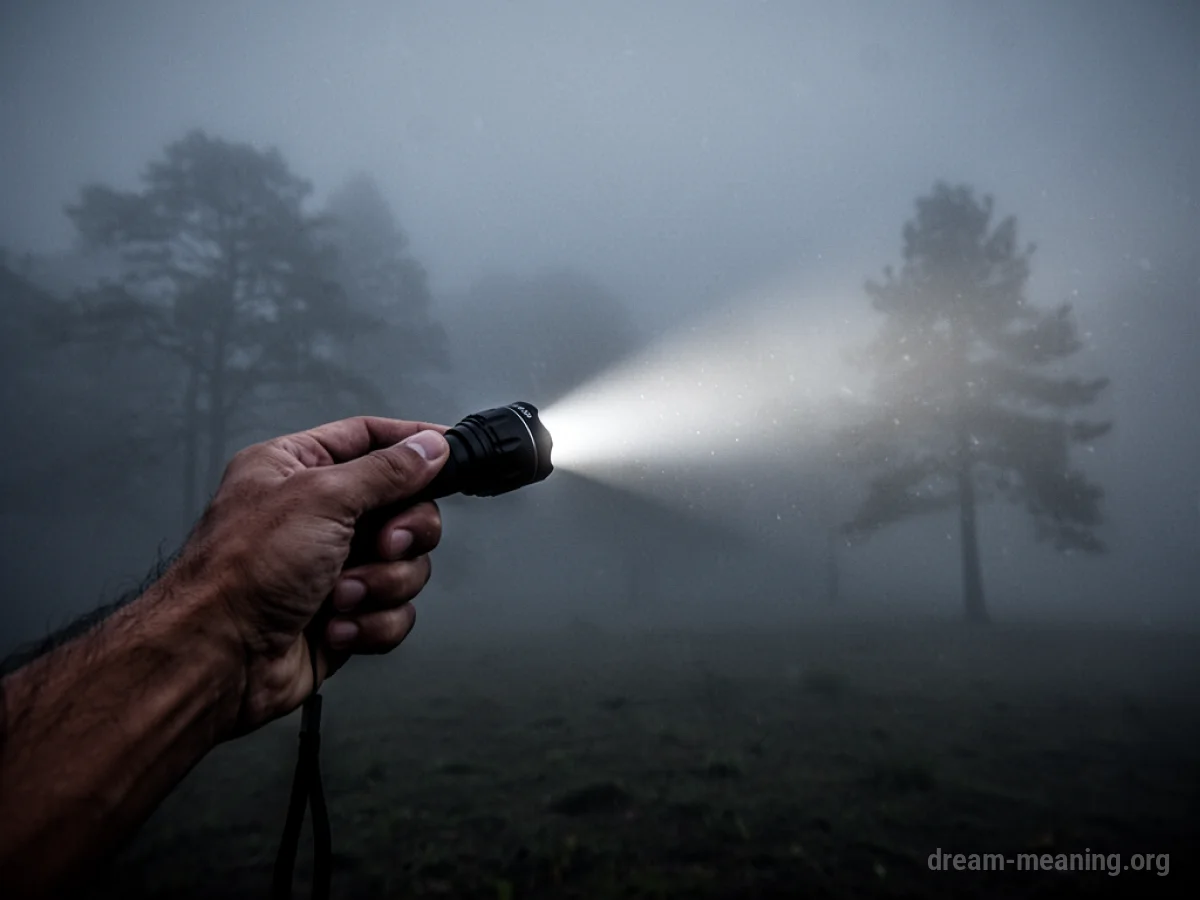 A hand shines a flashlight beam into fog.