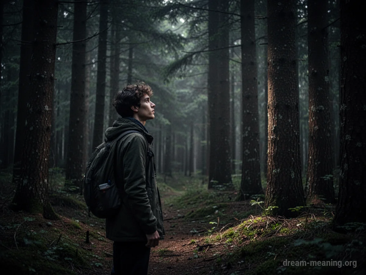 Person looking into dark forest shadows