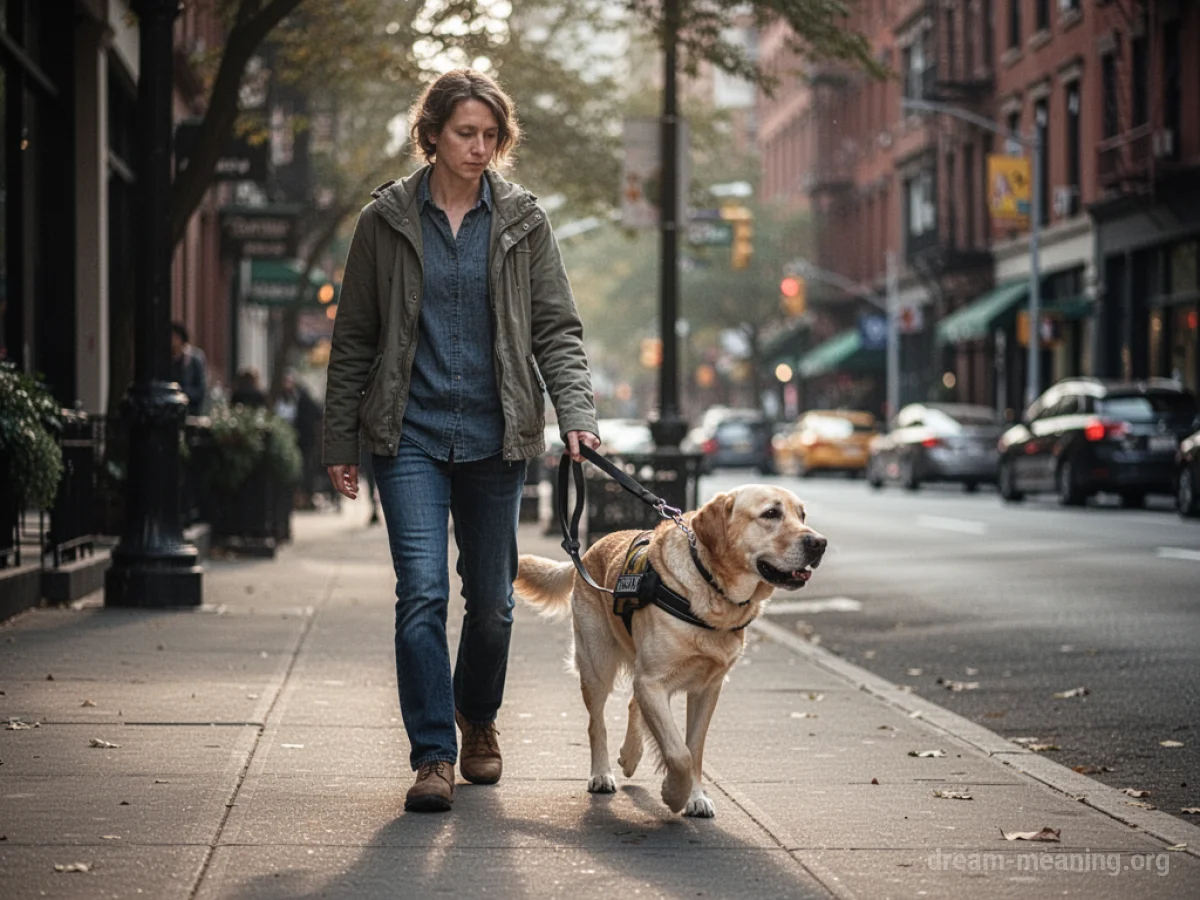 A person walking with a service dog.