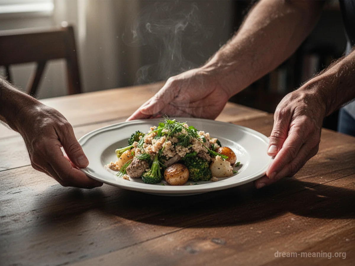 Hands placing a plate of food on a table.