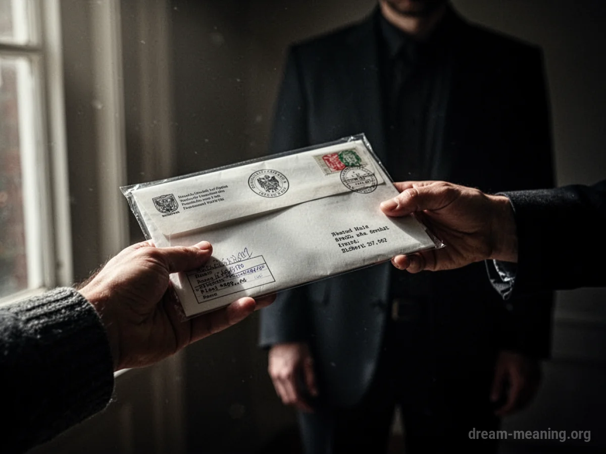 A hand extends an official-looking envelope towards a shadowed figure.