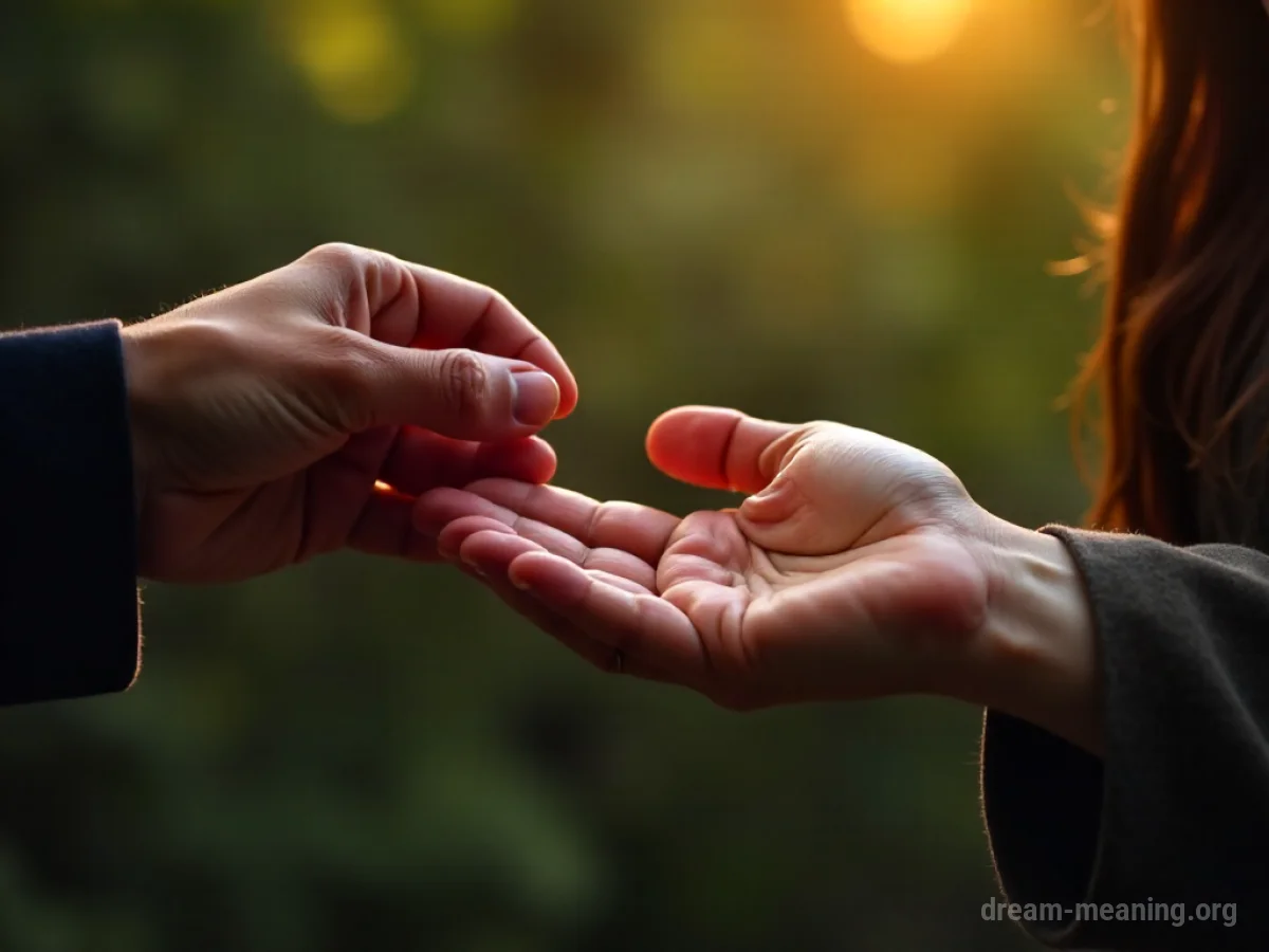 A person offering food to another person.