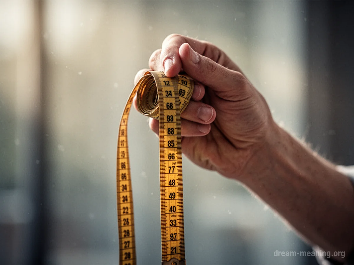A hand holding a golden measuring tape.
