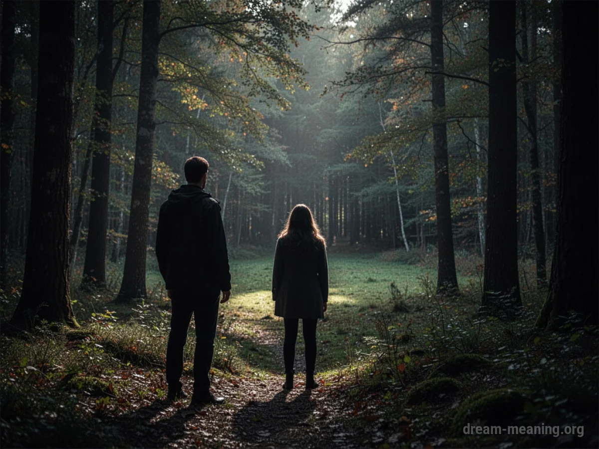Silhouette of a person and a shadowy animal in a dark, misty forest.