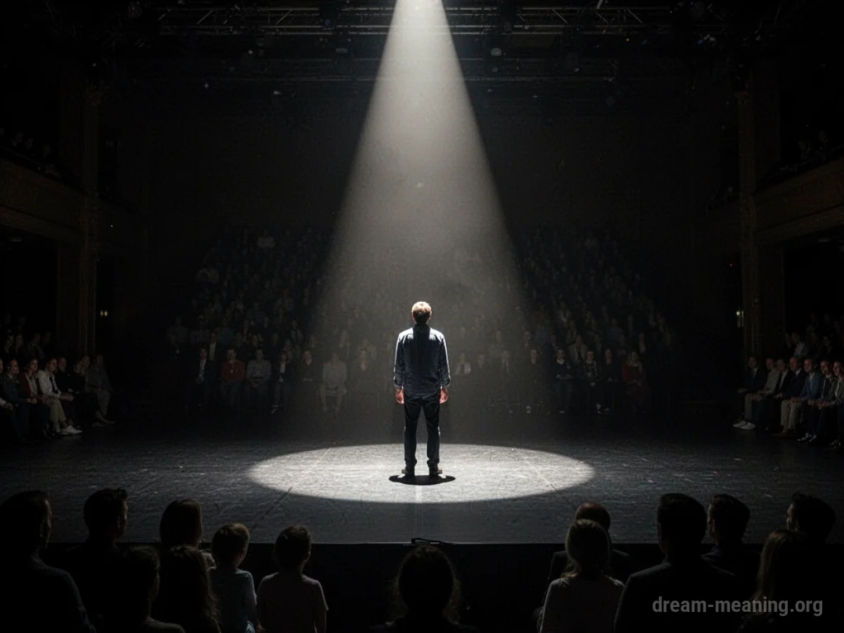A person stands alone on a stage under a single spotlight, with blurred shapes of an audience in the dark.