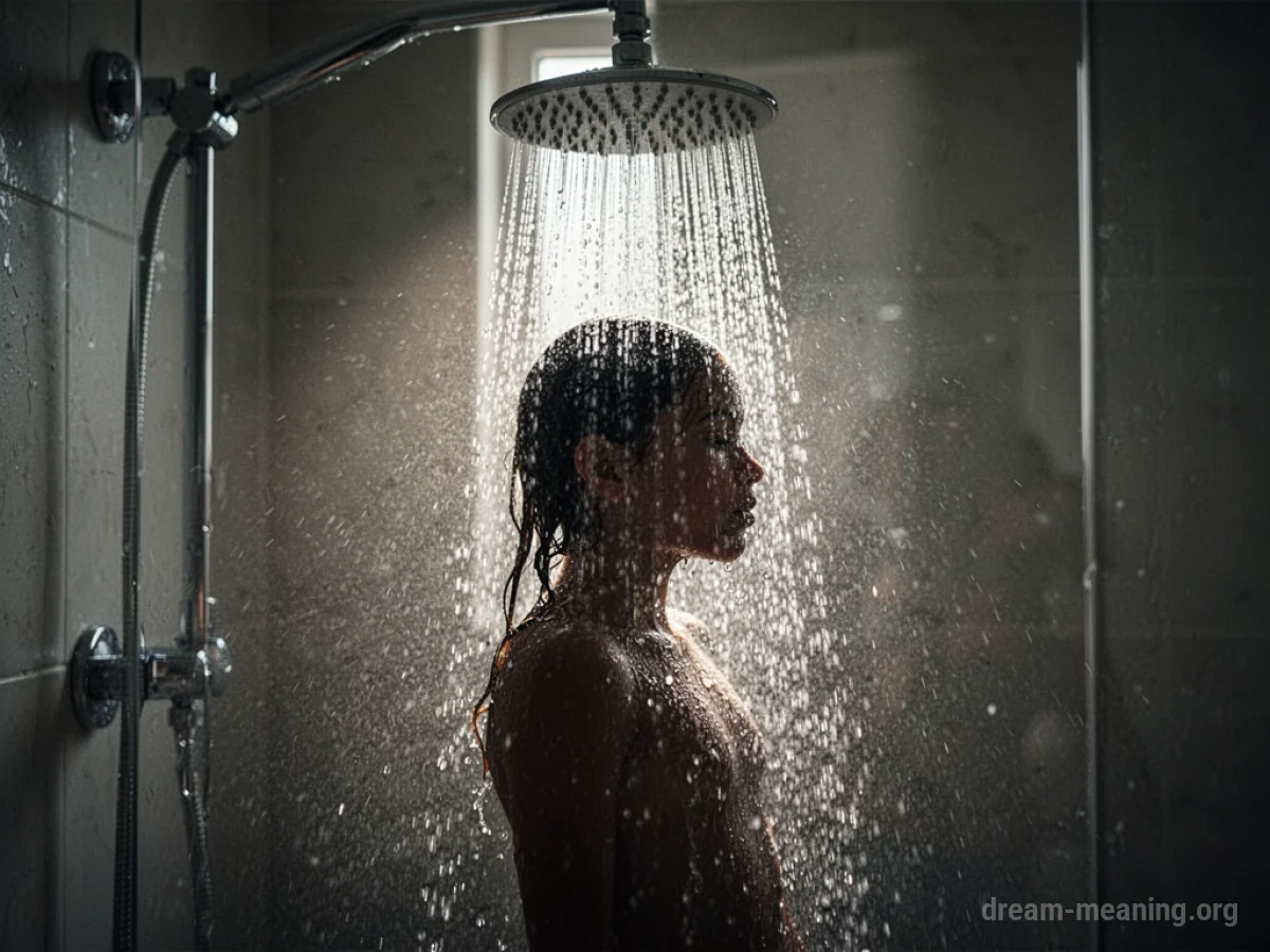 Silhouette of a person standing under a stream of water from a shower head.