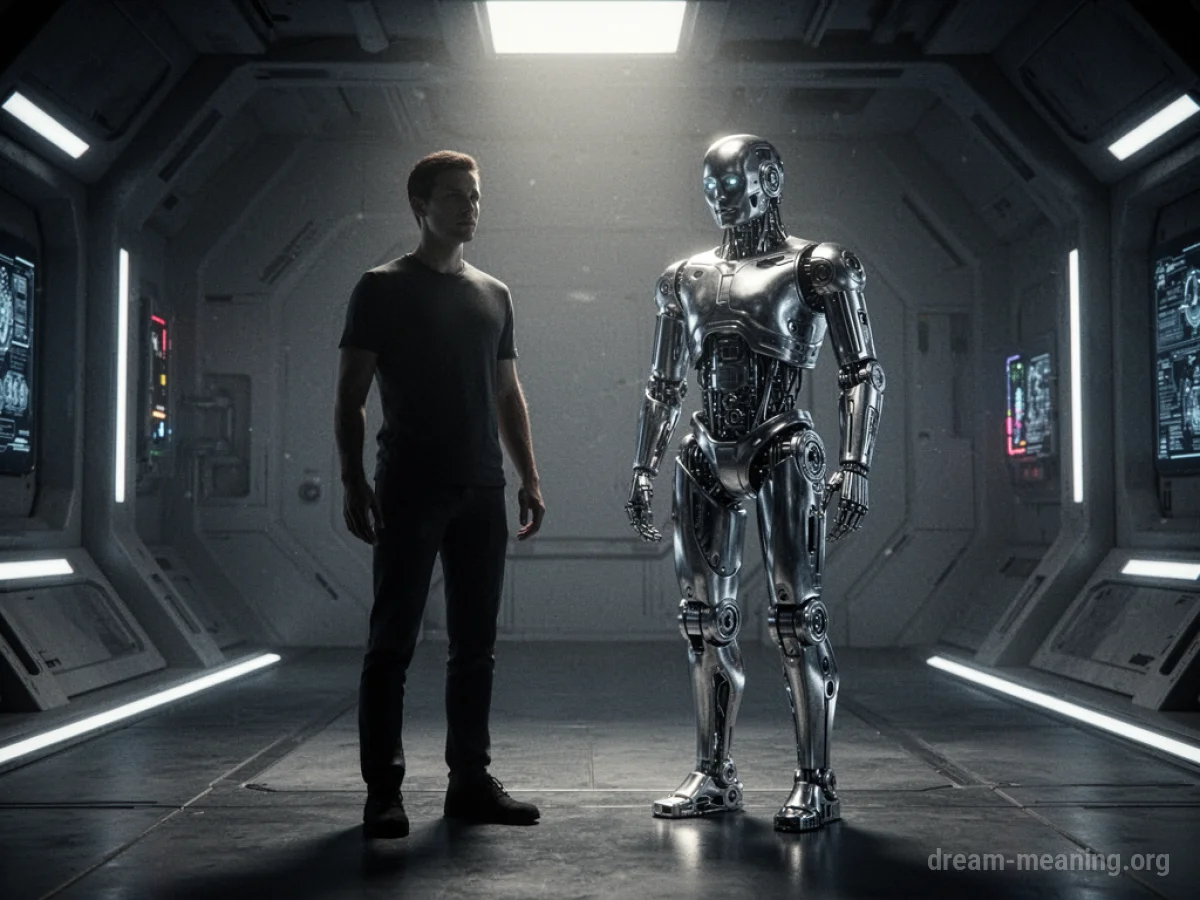A person and a robot standing near each other in a room.