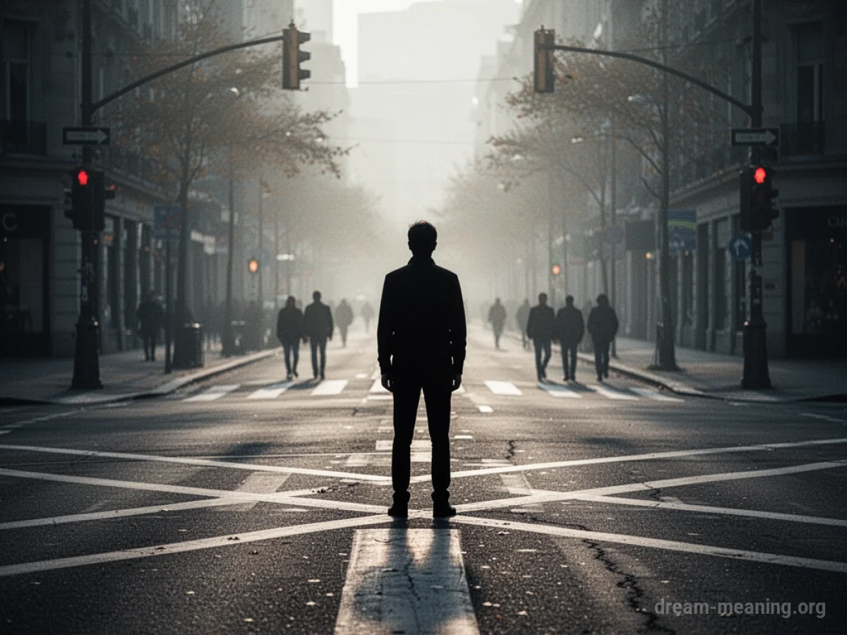 Silhouette of a person at a crossroads with blurred figures in the background.