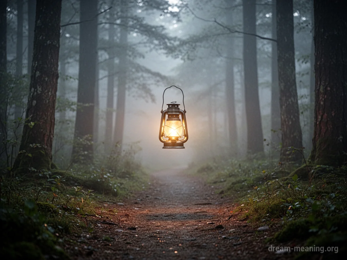 A dimly lit forest path with a single lantern.
