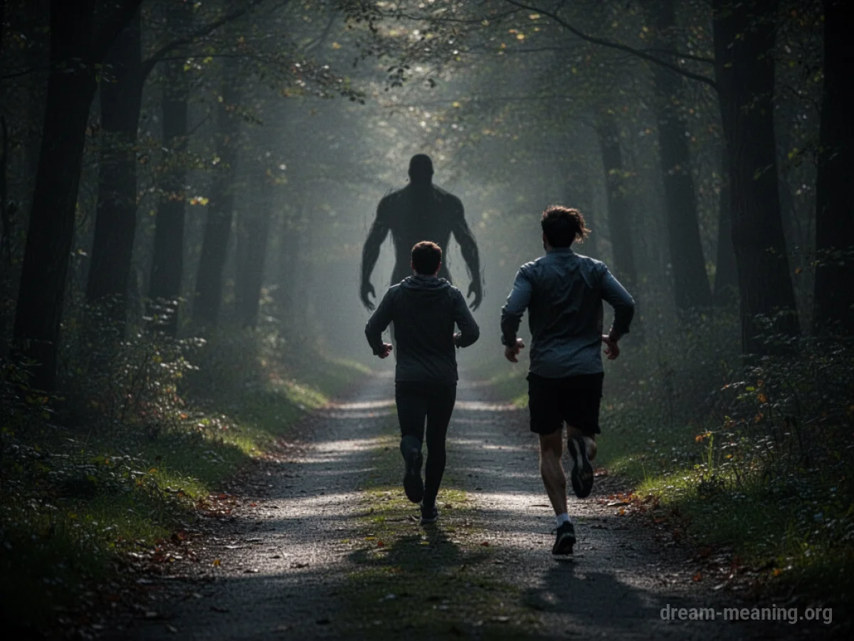 A shadowy figure pursues a person running away.
