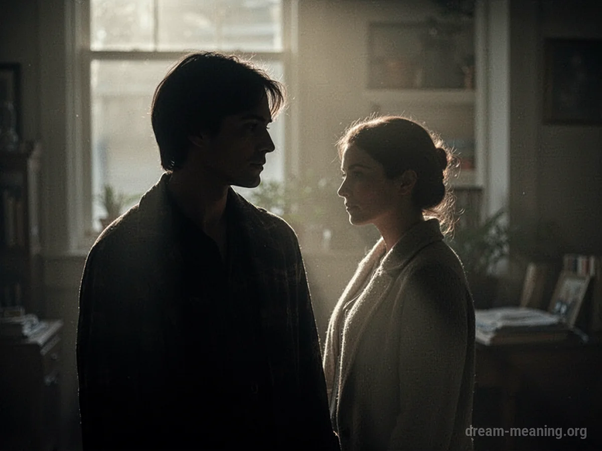Two indistinct silhouettes, one dark and one lighter, facing each other.